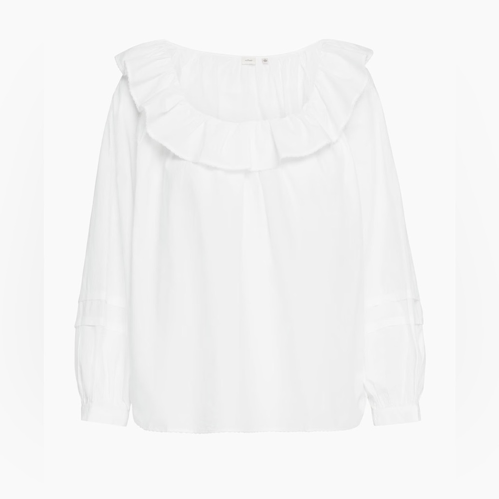 Aritzia Wilfred Verbena Poplin White Cotton Ruffle Boho Casual Relaxed Blouse L - Picture 8 of 17